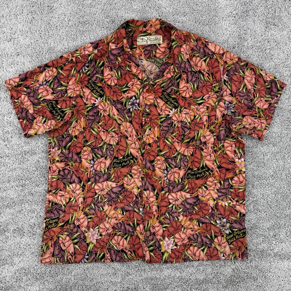 Vintage Bayou Wear Shirt Men's XL Crawfish By You Art 4 Jazz Fest Hawaiian Camp